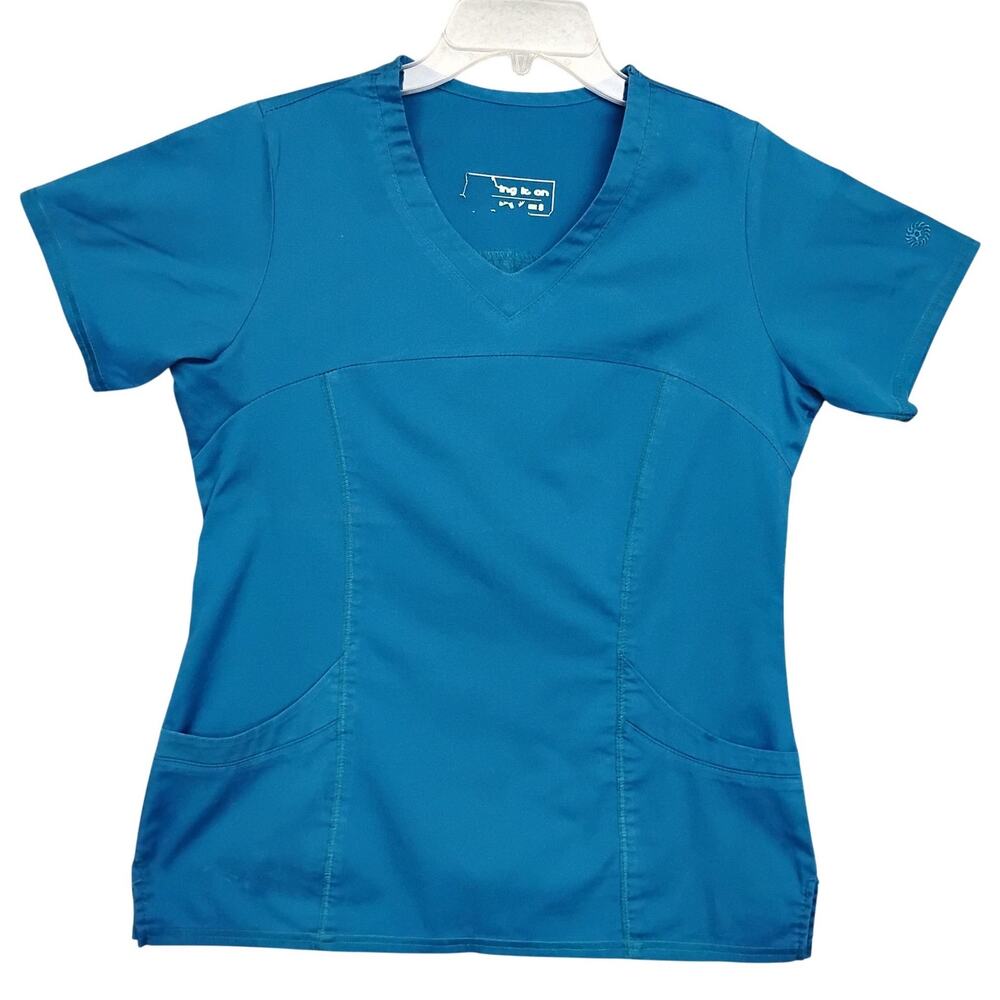 Bring it On Scrub Top Size Small Blue Short Sleeve V Neck Pockets